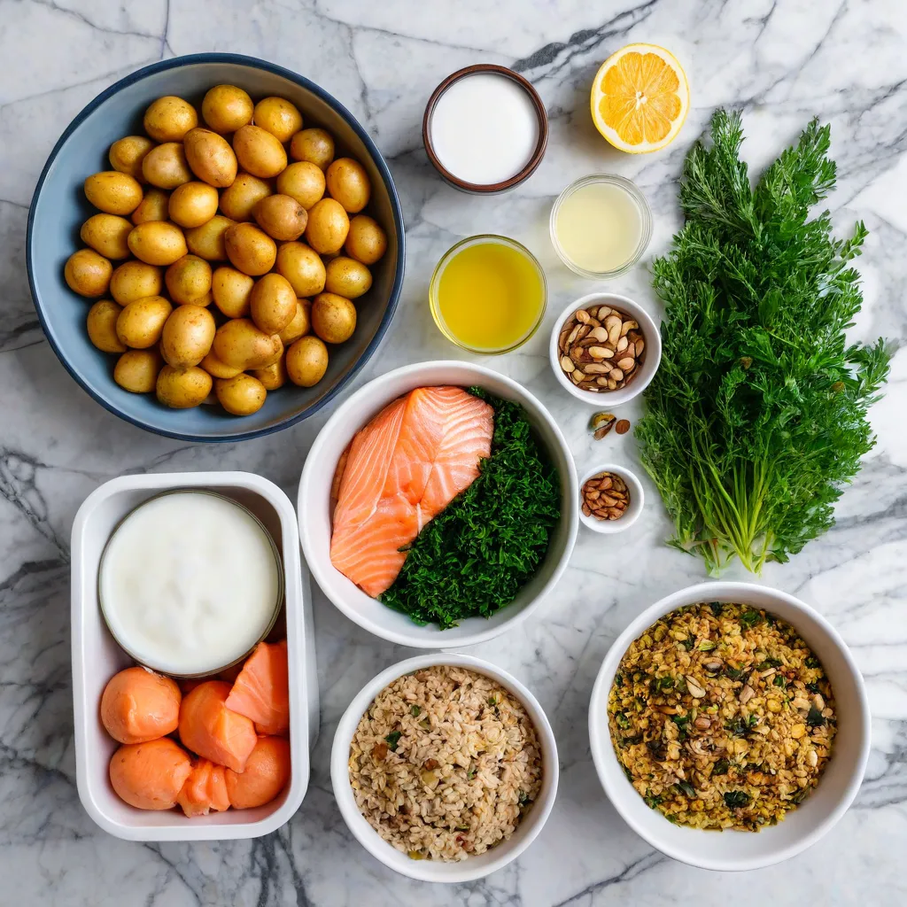 Top-down editorial flat lay of a calm anti-stress pantry selection: leafy greens, colorful vegetables, salmon, eggs, tofu, brown rice, potatoes, olive oil, yogurt, nuts, seeds, lemons, herbs and spices; minimalist marble background; natural daylight; no text, no labels; stable diffusion 3.5