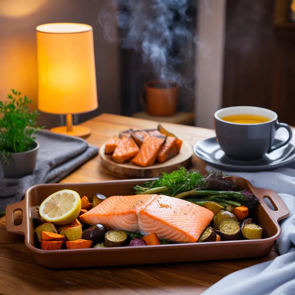Cozy evening editorial photo: warm sheet-pan dinner with salmon, roasted vegetables and lemon wedges on a wooden table, a steaming cup of herbal tea nearby; soft lamp light; gentle bokeh; modern tableware; no text, no labels; stable diffusion 3.5