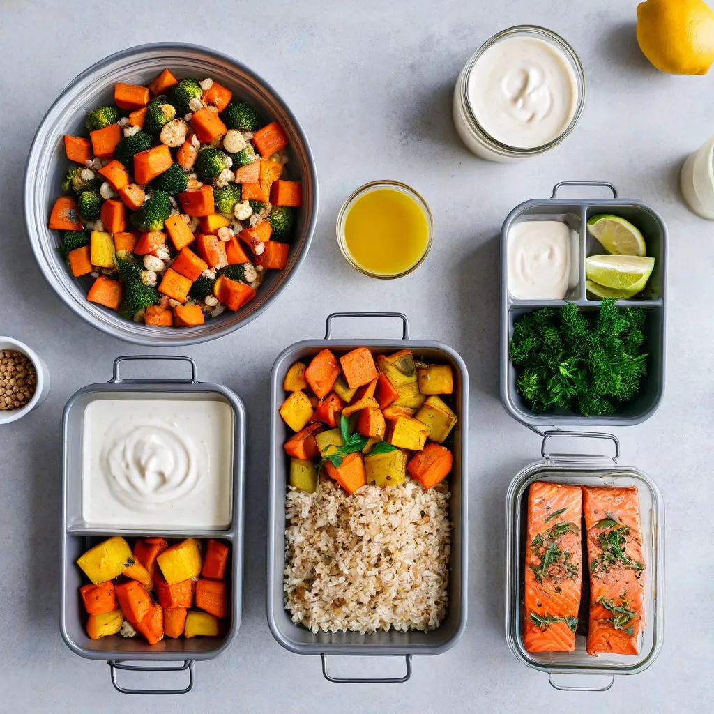 Bright lifestyle top-down scene of a Sunday batch-cooking session focused on anti-stress foods: roasted vegetable trays, cooked rice and buckwheat in clear containers, marinated salmon and tofu, small jars of yogurt and tahini sauces, lemons and herbs; natural daylight; minimalist Scandinavian kitchen; no text, no labels; stable diffusion 3.5