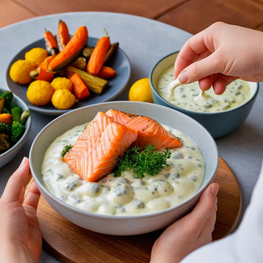 Soft lifestyle close-up of hands placing lemon over a yogurt-herb sauce bowl next to roasted vegetables and salmon; warm evening light; clean ceramic tableware; no text, no labels; magazine aesthetic; stable diffusion 3.5