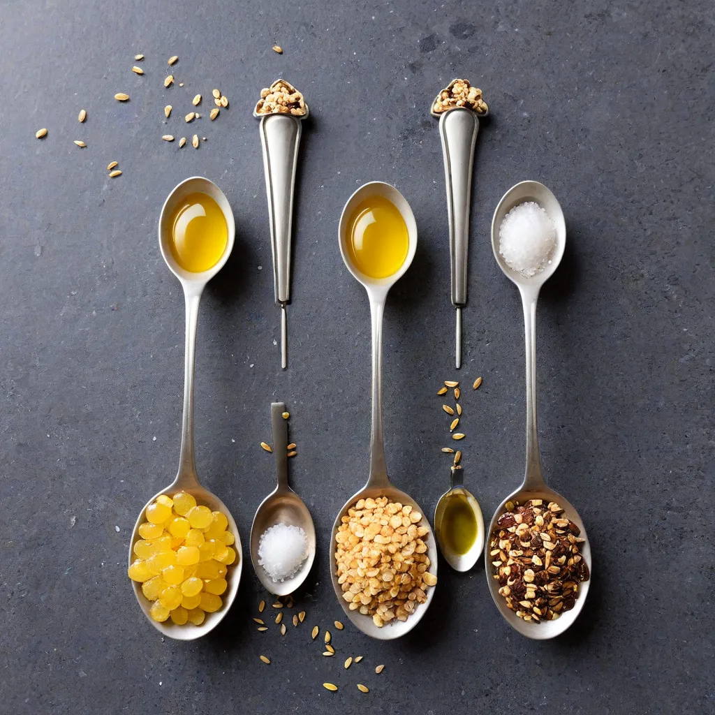 Bright editorial top-down photo of four tasting spoons arranged in a line: spoon with lemon juice drops (acid), spoon with flaky sea salt (salt), spoon with olive oil (fat), spoon with toasted seeds (crunch). Neutral stone background, soft daylight, minimal styling, no text, no logos, Stable Diffusion 3.5.