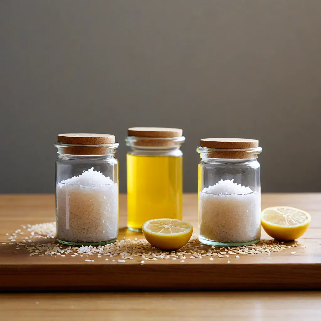 Minimal editorial lifestyle photo of small glass jars: sea salt flakes, olive oil, rice vinegar, toasted sesame seeds, fresh lemon halves. Clean wooden counter, soft side light, shallow DOF, no text, no logos, Stable Diffusion 3.5.