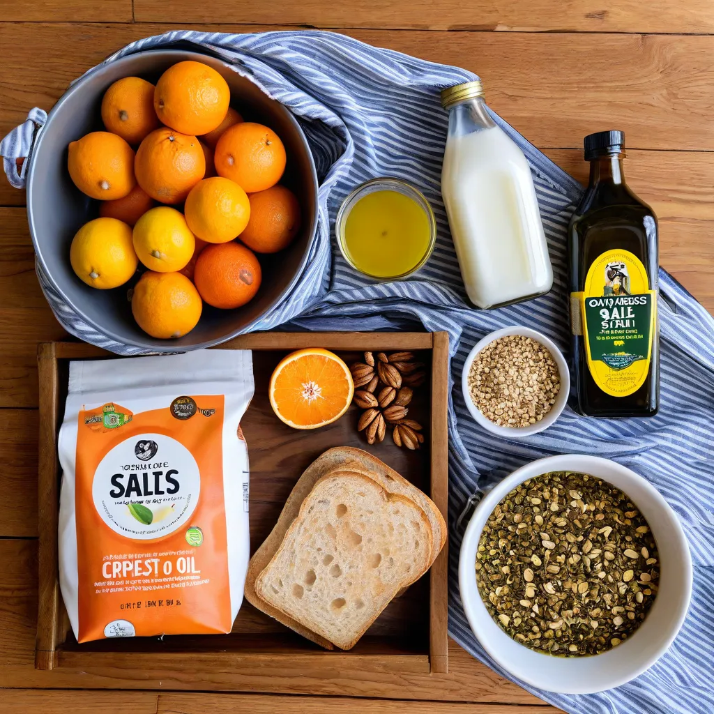 Top-down editorial photo of a grocery haul arranged into four quadrants representing acid, salt, fat, and crunch: citrus and vinegars; salts, soy sauce, capers; olive oil and yogurt; toasted nuts and seeds with a small piece of rustic bread. Wooden table, reusable tote bag, natural daylight, no text, no logos, Stable Diffusion 3.5.