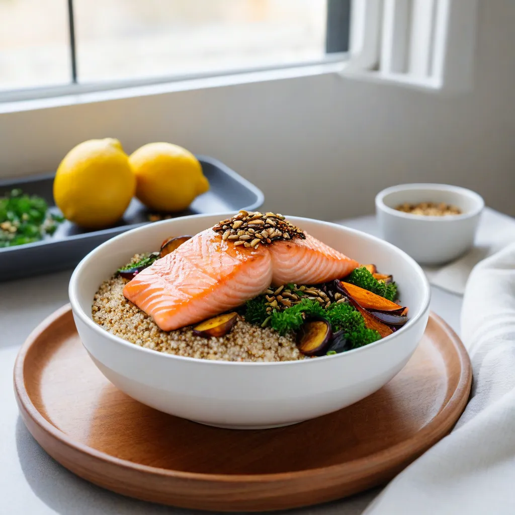 Natural-light editorial food photo near a window: a minimalist grain bowl with quinoa, roasted vegetables, seared salmon, lemon-yogurt drizzle (visually), and toasted seeds on top. Neutral ceramic bowl, linen napkin, shallow depth of field, no text, no logos, Stable Diffusion 3.5.