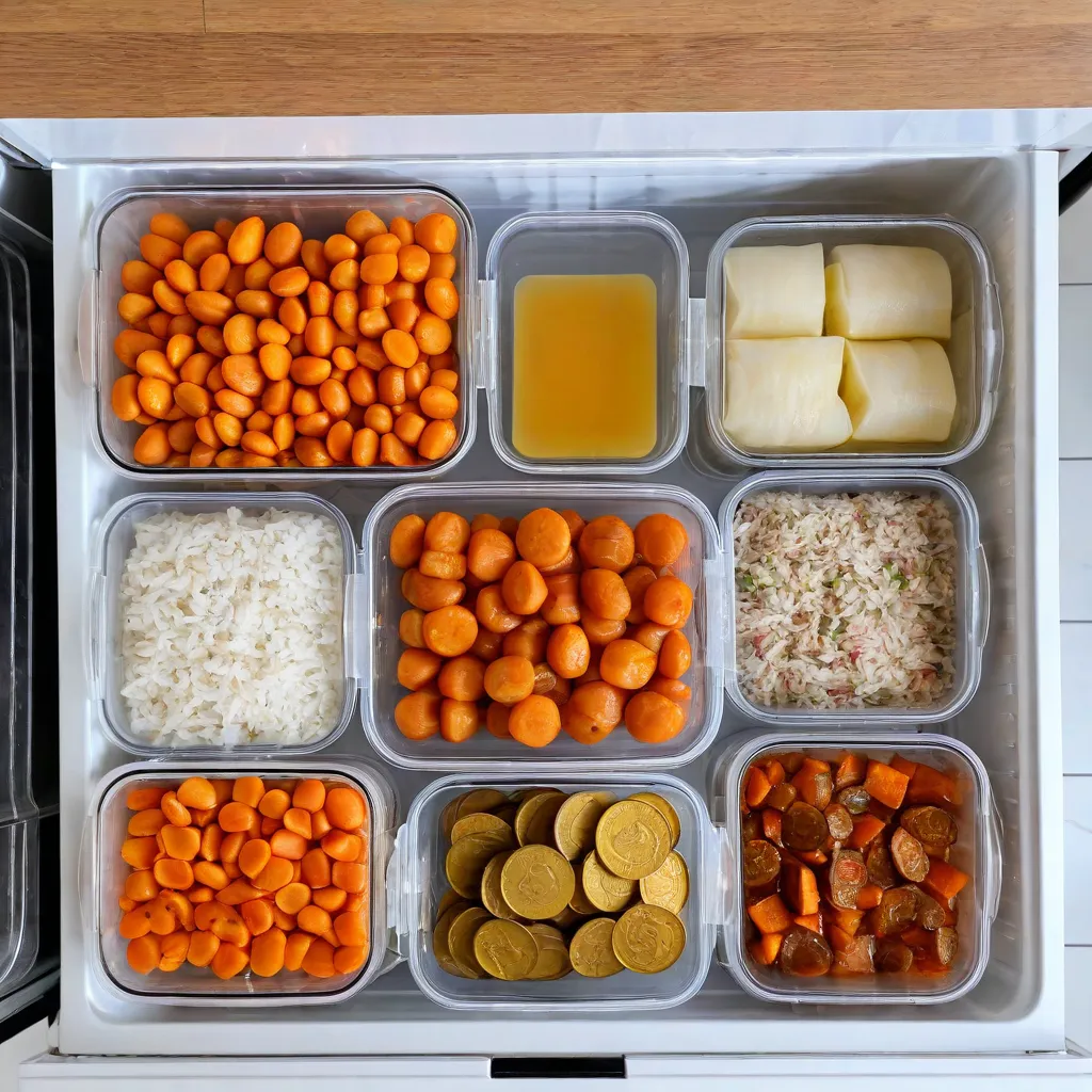 Top-down editorial view inside a neatly organized home freezer drawer: transparent containers and vacuum-sealed flat packs labeled with dates (but labels not readable); categories grouped by color; herb butter coins, broth ice cubes, roasted vegetable packs, cooked rice sheets; soft natural lighting; modern Scandinavian vibe; no text, no visible labels; stable diffusion 3.5