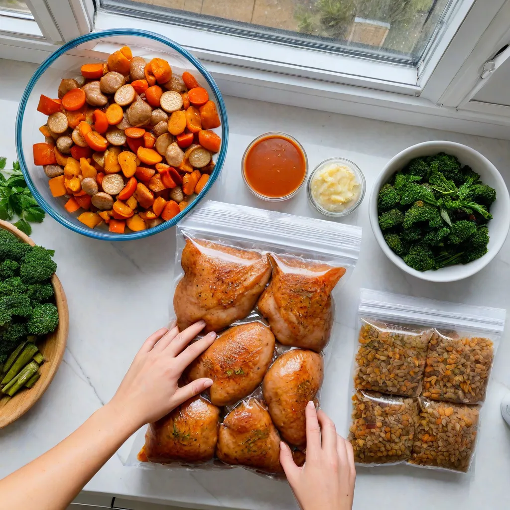 Overhead editorial shot of a kitchen countertop with labeled but unreadable freezer prep: flat packs of cooked rice, marinated chicken thighs, roasted vegetables, herb butter coins, sauce ice cubes; woman’s hands sealing a vacuum bag; natural window light; minimalist aesthetic; no text, no labels; stable diffusion 3.5