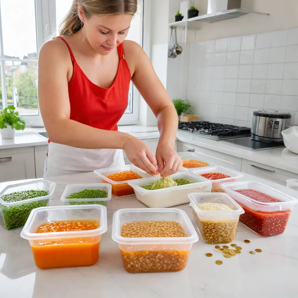 Bright lifestyle scene: Sunday batch-cooking session with a modern woman portioning cooked grains into flat freezer bags, filling silicone ice trays with sauces and broth, shaping herb butter coins; airy Scandinavian kitchen; natural daylight; no text, no labels; stable diffusion 3.5