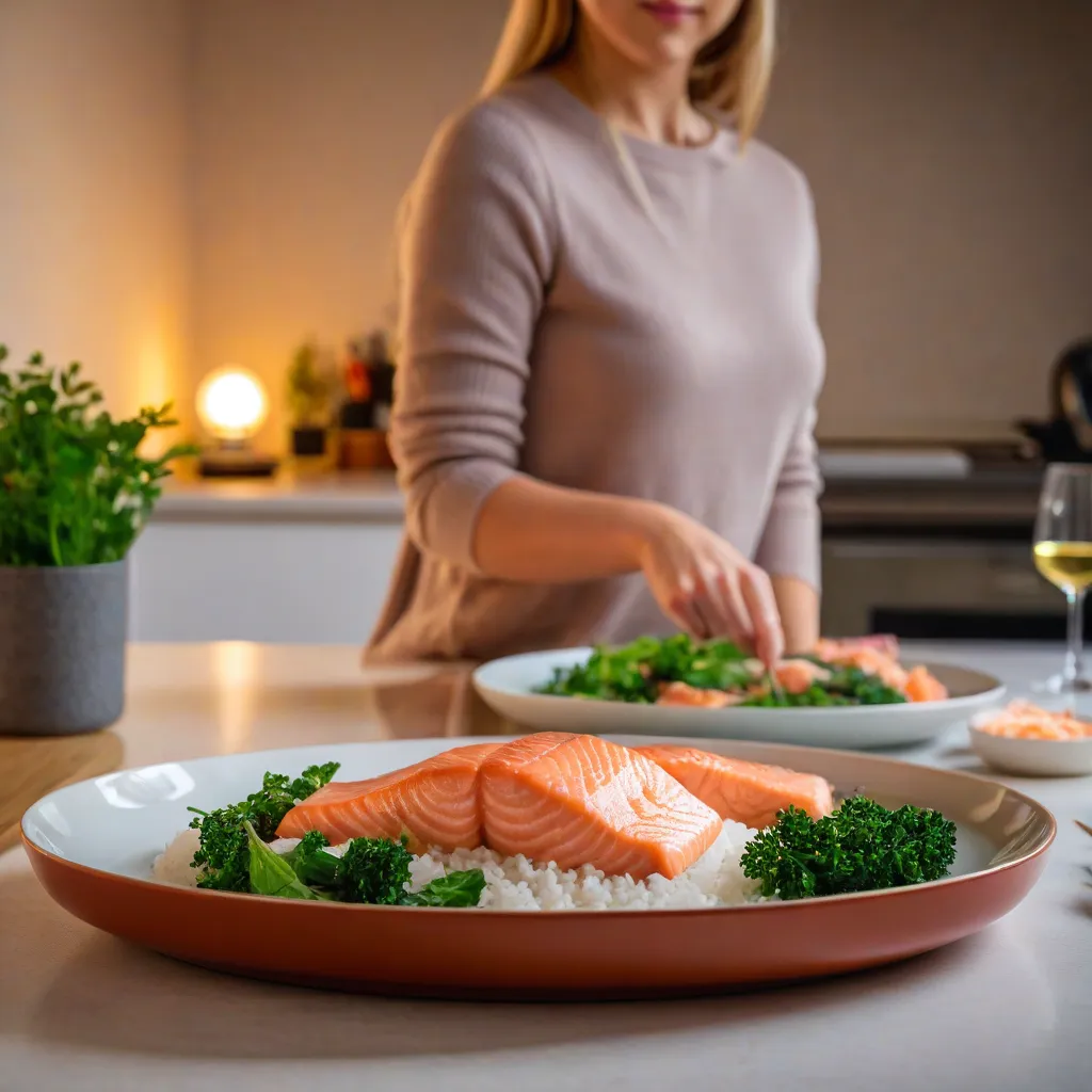 Cozy evening lifestyle photo: a modern woman plating a quick 12-minute dinner made from freezer components (salmon, greens, rice) at a small round table with warm lamp light; soft bokeh; minimalist tableware; no text, no labels; stable diffusion 3.5