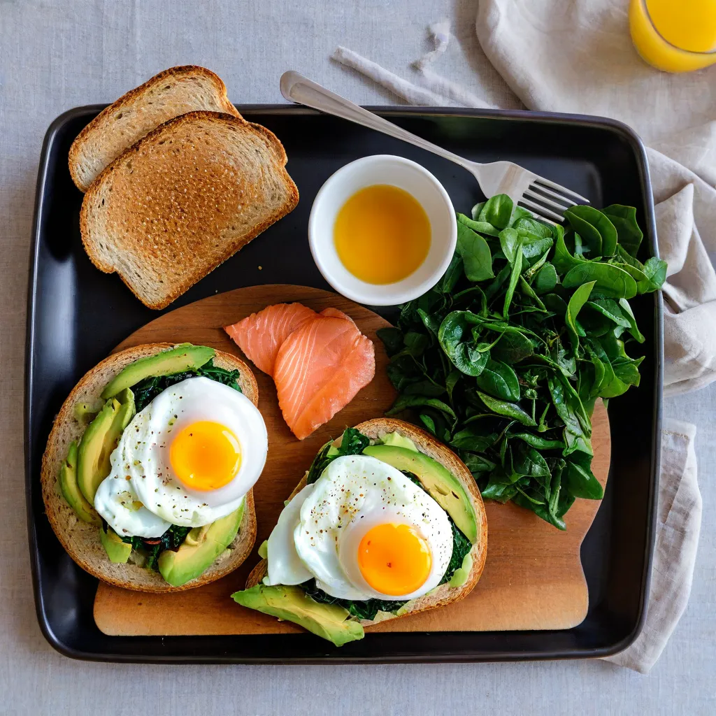 Top-down editorial image of a savory breakfast board: sautéed greens, poached eggs, smoked salmon, avocado slices, a small whole-grain toast; ceramic dishes on linen; natural light; no text or labels; stable diffusion 3.5