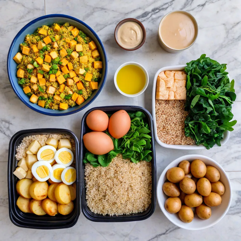Top-down editorial grocery haul sorted by blocks: leafy greens and colorful vegetables, lean proteins (chicken, eggs, tofu), smart carbs (brown rice, quinoa, potatoes), and flavor accents (olive oil, lemon, tahini); neutral marble background; natural daylight; no text or labels; stable diffusion 3.5