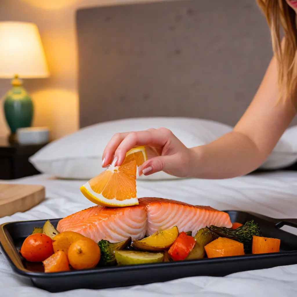 Warm lifestyle photo of an evening home dinner: a woman placing a lemon wedge over a sheet-pan salmon with roasted vegetables; cozy lamp light; soft bokeh; modern tableware; no text or labels; stable diffusion 3.5