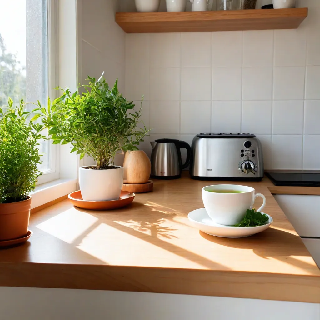 Editorial lifestyle photo of a bright, cozy kitchen corner with a wooden counter, herbs in small pots, a timer, and a cup of green tea. Sunlight on the counter, airy atmosphere, soft shadows, minimalist decor, no text, no logos, stable diffusion 3.5.