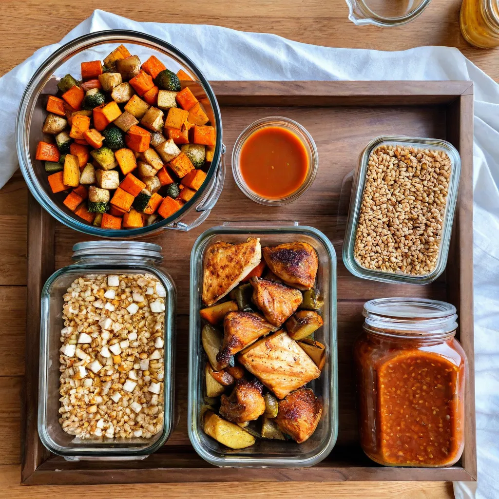 Overhead shot of batch-cooked ingredients neatly arranged in glass containers: roasted vegetables, cooked grains, baked chicken, tofu, and two jars of sauces on a wooden table. Natural window light, editorial style, no text, no logos, stable diffusion 3.5.
