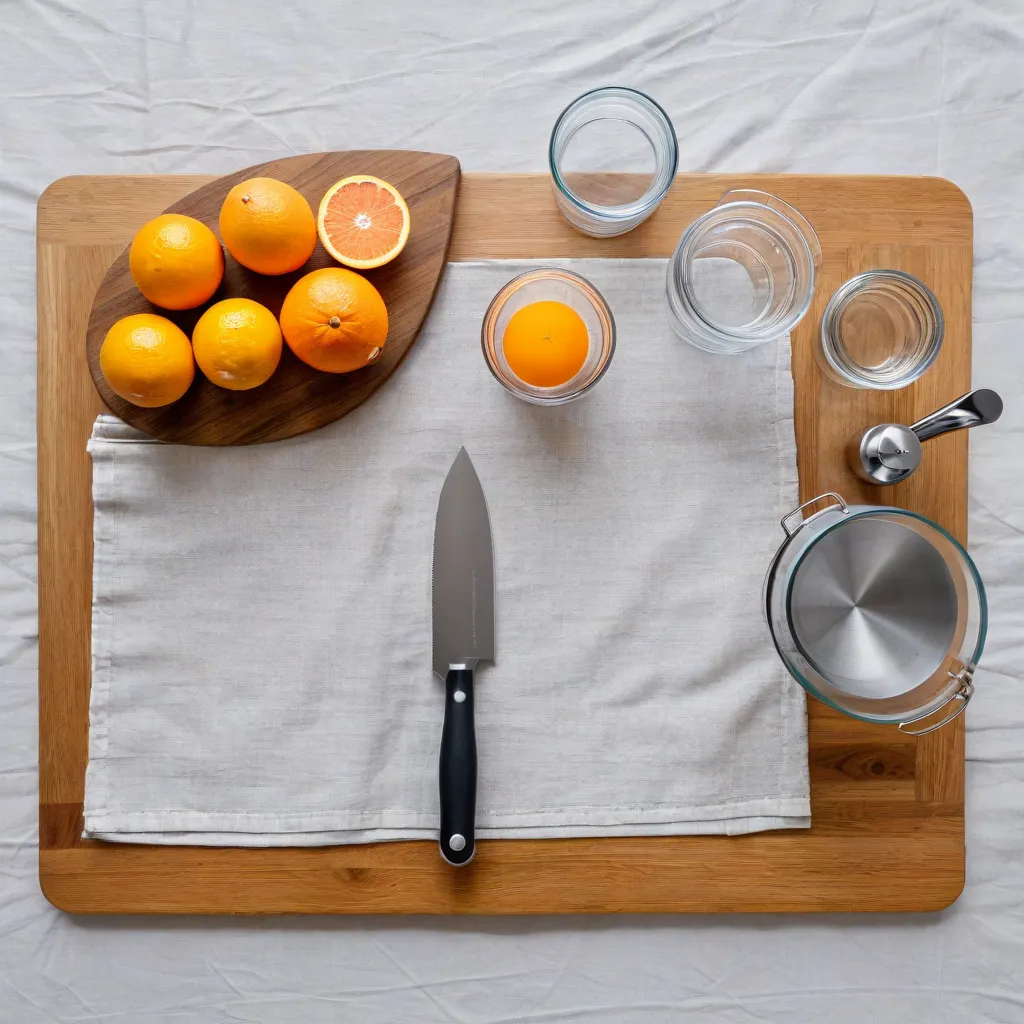 Clean flat lay of essential kitchen tools on a linen cloth: chef’s knife, cutting board, glass containers, measuring spoons, small blender, citrus reamer. Soft top light, modern minimalist style, no text, no logos, stable diffusion 3.5.