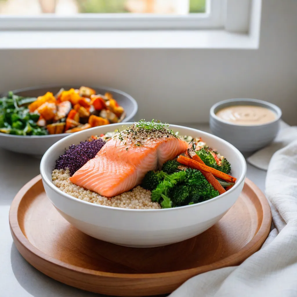 Natural-light photo near a window: a simple yet elegant grain bowl with quinoa, roasted vegetables, salmon, and a drizzle of tahini sauce. Neutral ceramic bowl, linen napkin, shallow depth of field, editorial style, no text, no logos, stable diffusion 3.5.