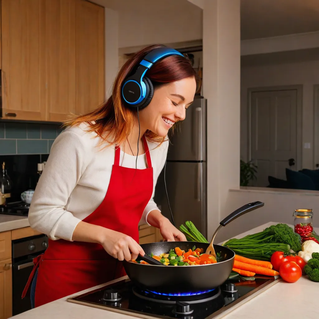 Lifestyle photo of a modern woman cooking at home in the evening, wearing headphones and smiling, stirring vegetables in a skillet. Warm ambient light, cozy apartment interior, candid editorial feel, no text, no logos, stable diffusion 3.5.