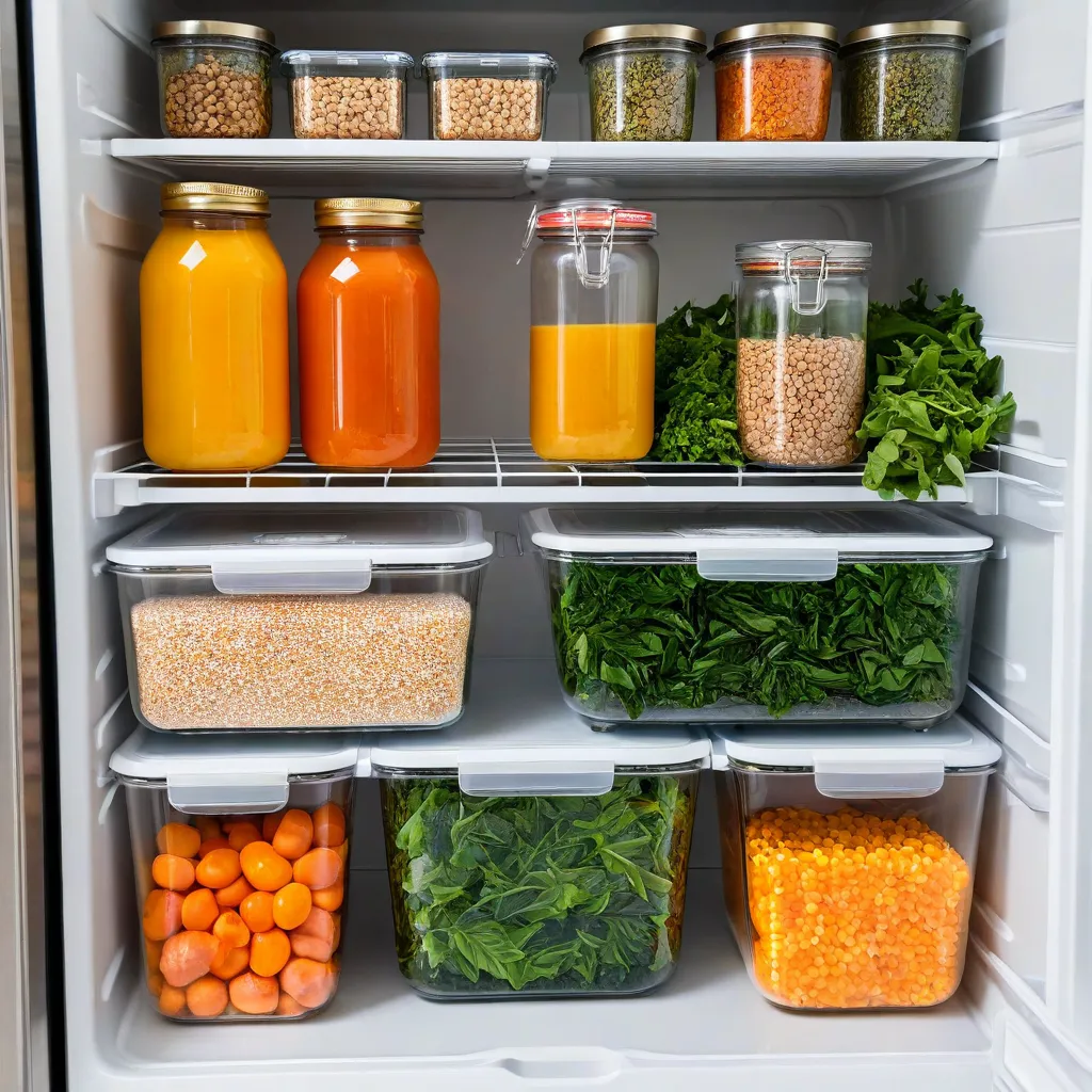 Editorial lifestyle photo of an open, neatly organized fridge showing a capsule set: glass containers with prepped grains, proteins, roasted vegetables, leafy greens in a box, citrus, herb bunches, and two small sauce jars. Natural daylight, airy and realistic, no text, no labels, no logos, Stable Diffusion 3.5.