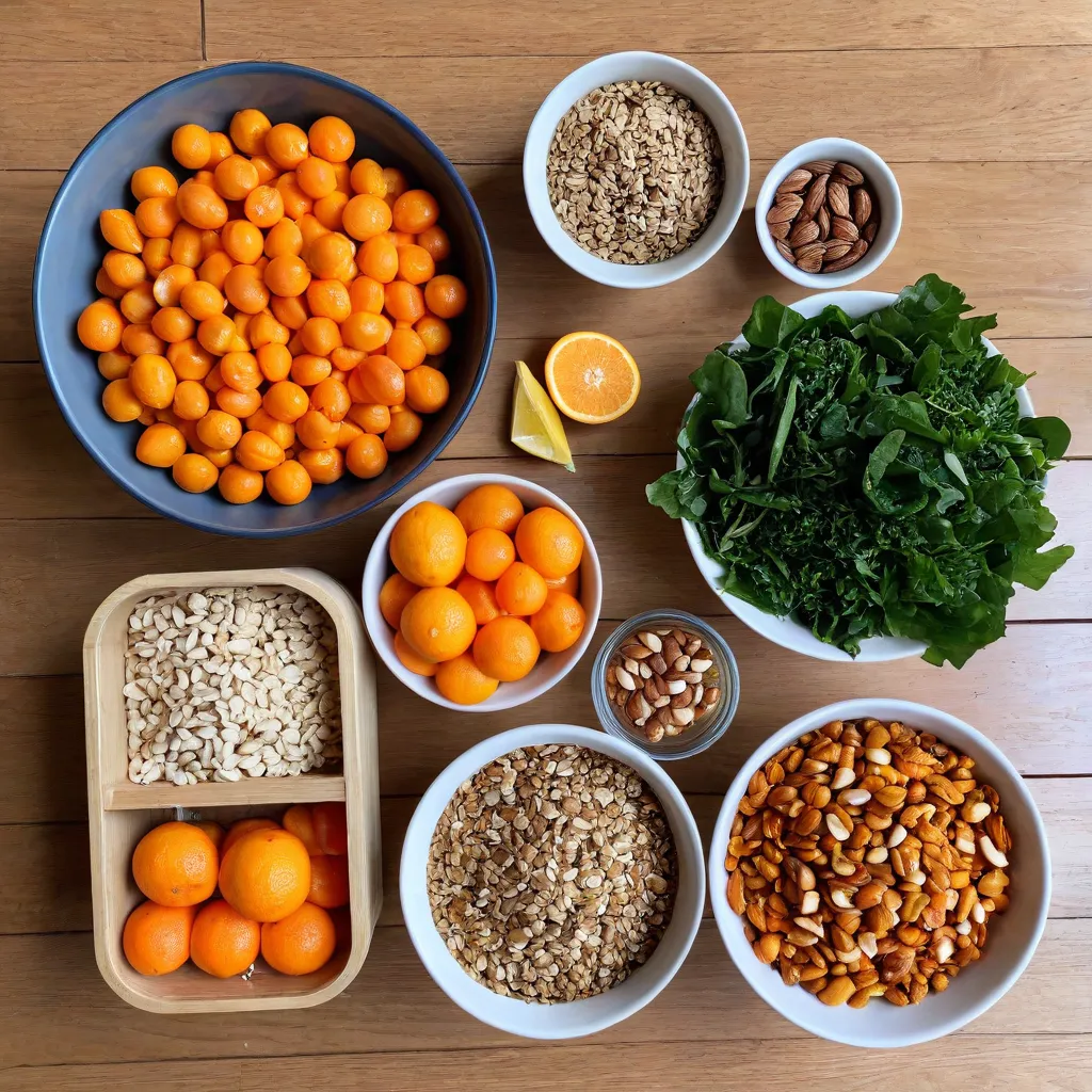 Top-down editorial photo of a grocery haul sorted into capsule groups on a wooden table: grains, proteins, roast-friendly vegetables, leafy greens, citrus, and a small bowl of nuts/seeds. Natural daylight, clean minimal composition, no text, no labels, no logos, Stable Diffusion 3.5.
