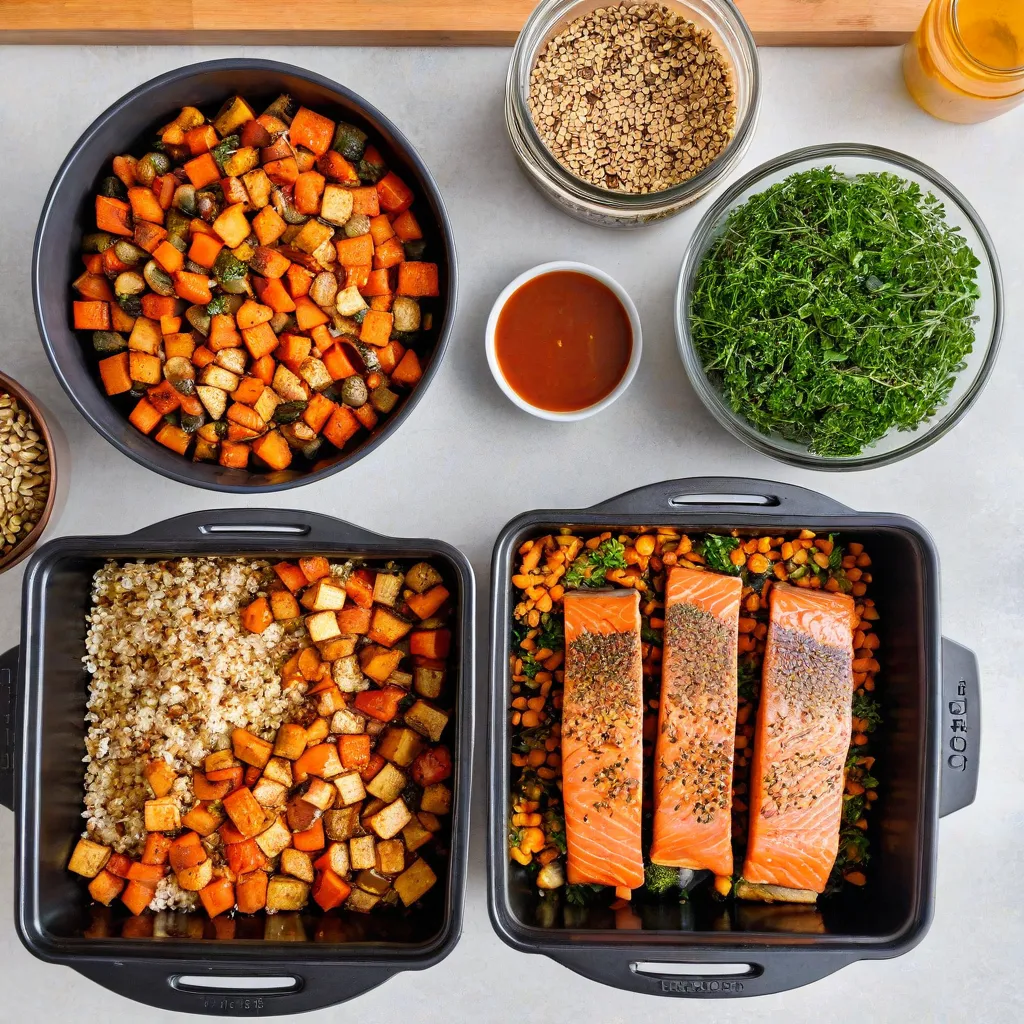 Top-down photo of a Sunday meal-prep set: cooled grains in containers, a pan of roasted vegetables, seared tofu and baked salmon portions, two small jars of sauces, toasted seeds, and fresh herbs on a wooden counter. Soft natural daylight, clean editorial styling, no text, no labels, no logos, Stable Diffusion 3.5.