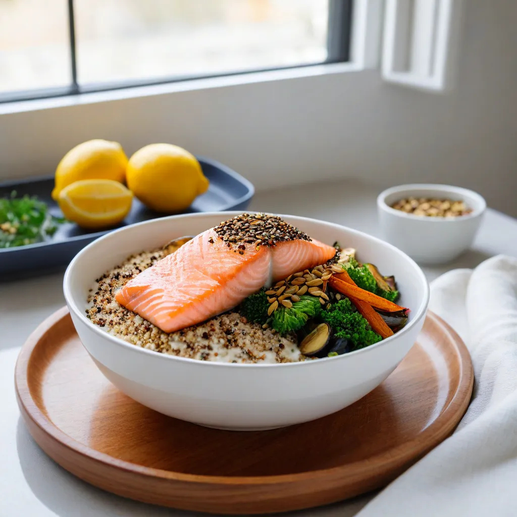 Natural-light editorial food photo near a window: a minimalist grain bowl with quinoa, roasted vegetables, seared salmon, lemon-yogurt drizzle, and toasted seeds. Neutral ceramic bowl, linen napkin, shallow depth of field, no text, no labels, no logos, Stable Diffusion 3.5.