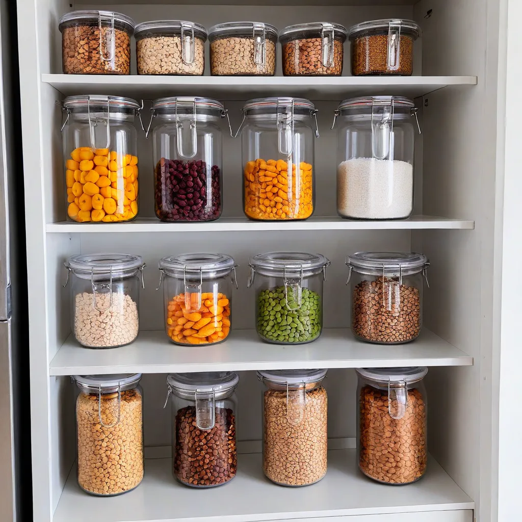 Top-down editorial photo of a compact modular pantry setup for a small kitchen: clear glass jars (unlabeled), stackable containers with grains, legumes, nuts, and dried fruit, a narrow rolling cart, and a foldable step stool. Natural daylight, clean minimalist styling, no text, no logos, Stable Diffusion 3.5.