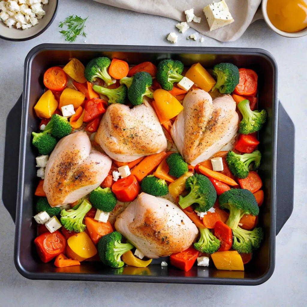 Editorial food photo of a colorful sheet-pan dinner baked in a compact countertop oven: broccoli, carrots, bell peppers, chicken thighs and feta cubes on parchment. Soft directional window light, gentle steam, overhead angle, no text, no logos, Stable Diffusion 3.5.