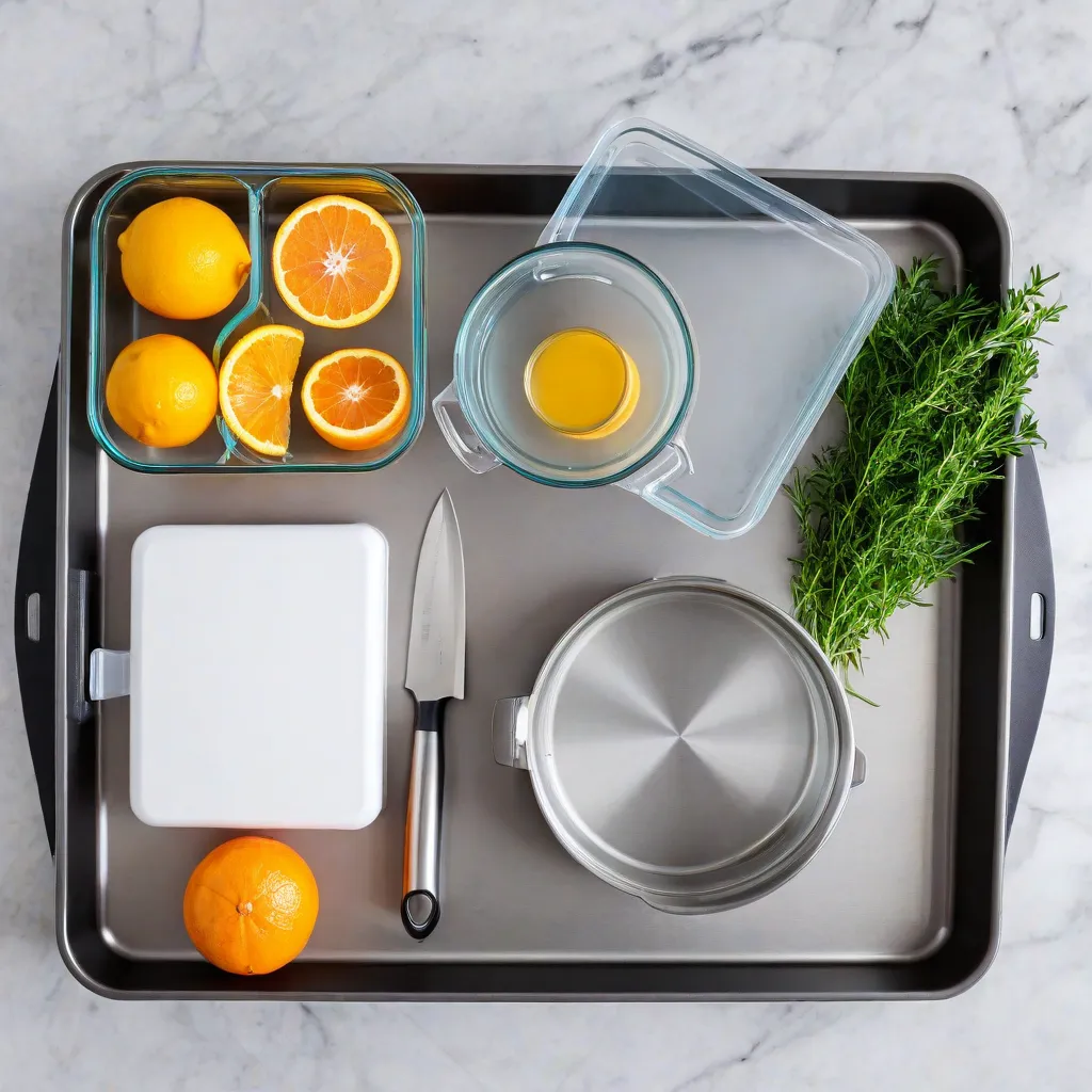 Clean flat lay of compact, multi-use kitchen tools for a tiny kitchen: a chef’s knife, small cutting board, deep skillet with lid, rimmed baking sheet, immersion blender, glass meal-prep containers, citrus and fresh herbs. Soft top light, minimalist editorial style, no text, no logos, Stable Diffusion 3.5.