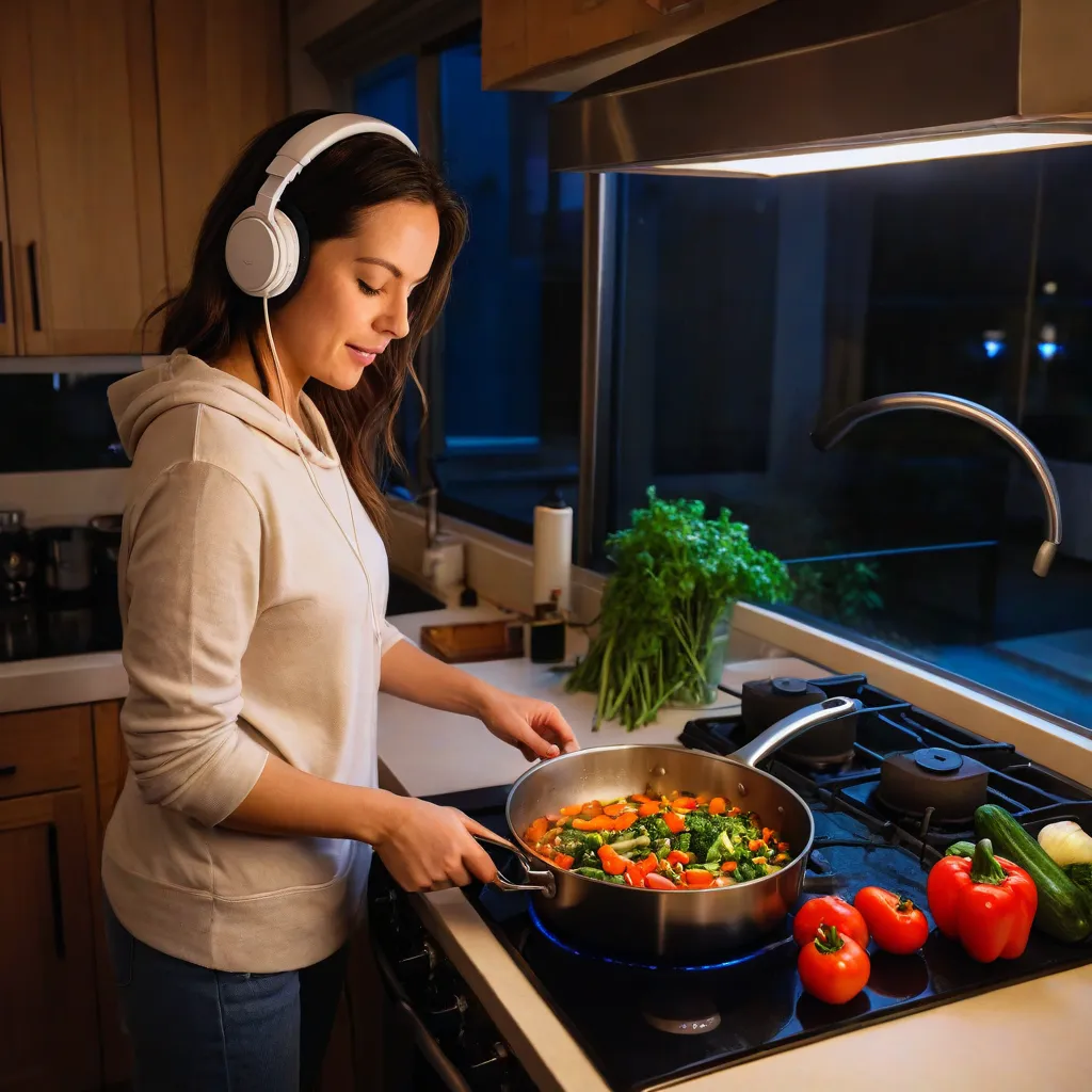 Candid editorial photo of a modern woman cooking in a tiny urban kitchen at night, wearing headphones, stirring vegetables in a deep skillet on a small stove, with prepped containers on the counter. Warm ambient light, cozy home vibe, natural color grading, no text, no logos, Stable Diffusion 3.5.