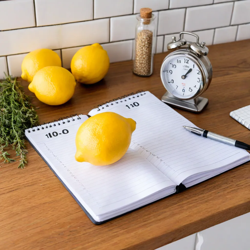 Bright editorial lifestyle photo of a kitchen timer next to a notepad labeled “10–10–10”, a pen, and simple ingredients (lemon, herbs, grains) on a wooden counter. Natural daylight, cozy aesthetic, shallow DOF, no text overlay, no logos, Stable Diffusion 3.5.