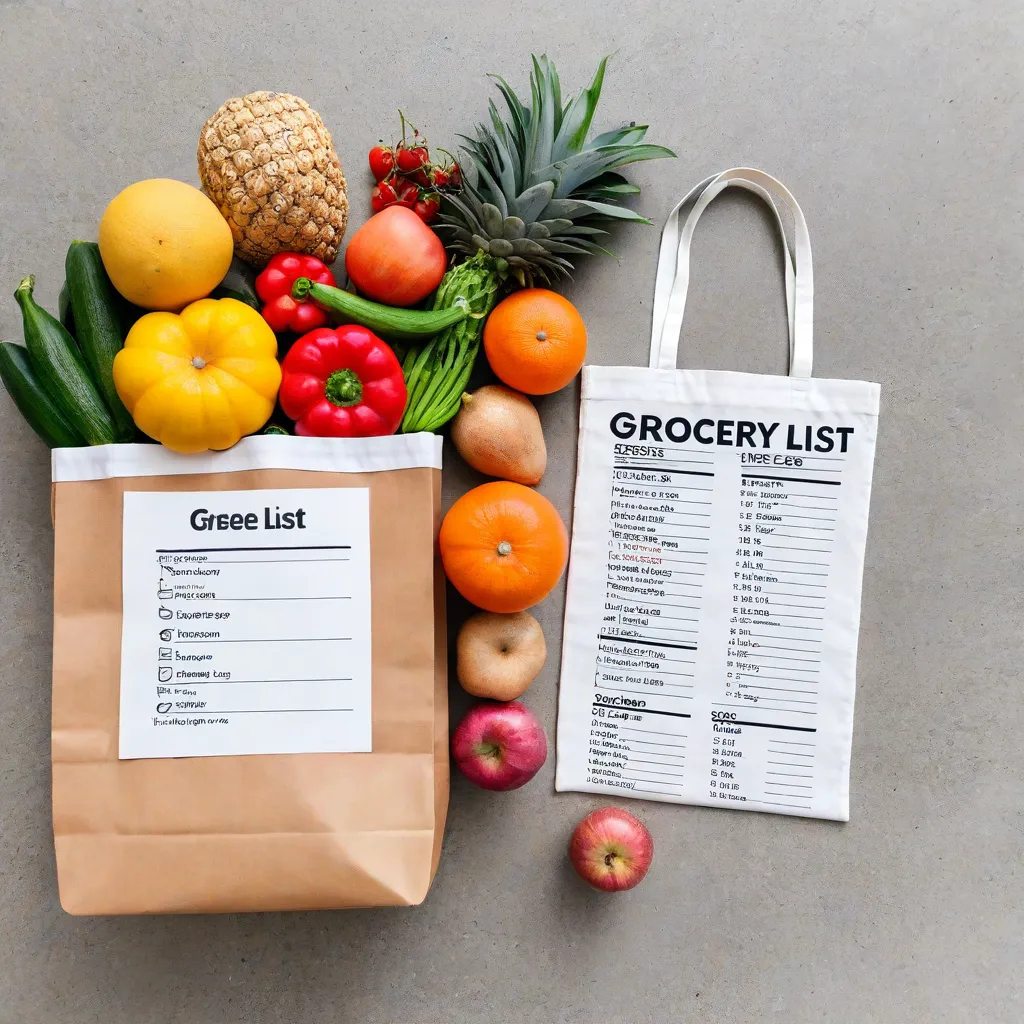 Top-down photo of a grocery list organized by store zones next to a reusable tote bag and fresh produce. Clean minimalist scene, natural daylight, editorial style, no text, no logos, Stable Diffusion 3.5.