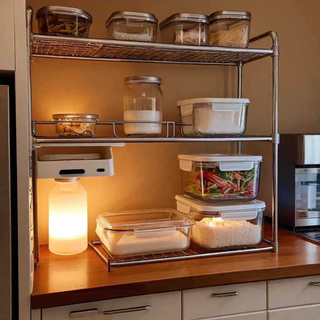 Evening kitchen scene: clean sink, neatly stacked glass containers with labeled leftovers, warm ambient light, cozy home vibe, no text, no logos, Stable Diffusion 3.5.