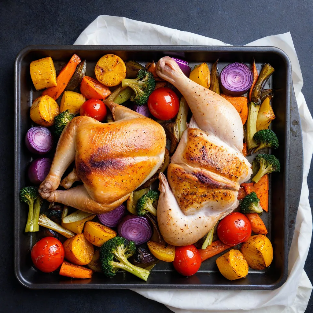 Editorial food photo: a simple sheet-pan dinner with colorful roasted vegetables and chicken on parchment, photographed overhead on a dark baking tray. Soft directional light, appetizing steam, no text, no logos, Stable Diffusion 3.5.