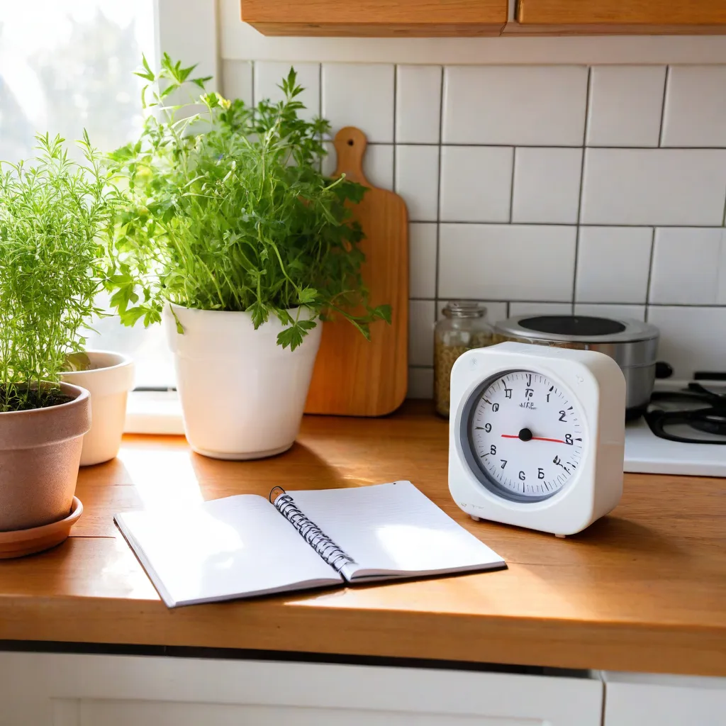 Editorial lifestyle photo of a bright, cozy kitchen corner with a wooden counter, timer, herbs in small pots, and a notebook titled “3–2–1”. Sunlight, airy mood, shallow DOF, no text overlay, no logos, Stable Diffusion 3.5.