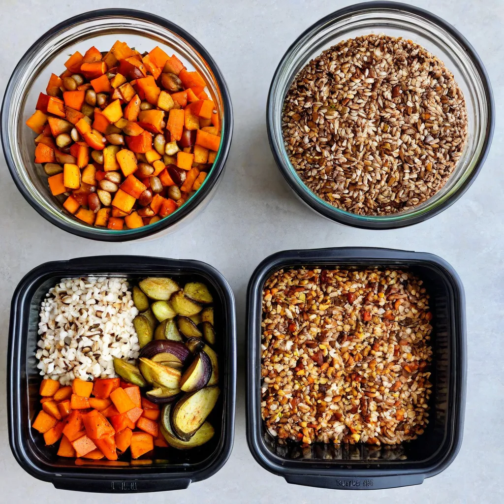 Top-down photo of Sunday meal prep: three containers with different cooked grains, a pan of roasted vegetables, two small jars of sauces, toasted seeds in a bowl, and labeled glass containers. Natural daylight, clean editorial style, no text, no logos, Stable Diffusion 3.5.