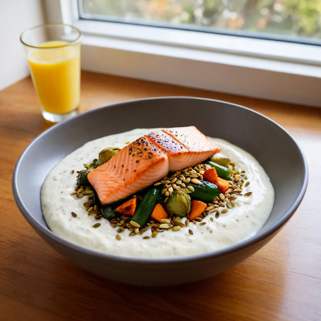 Editorial food photo: a neutral ceramic bowl with a grain base, roasted vegetables, and seared salmon, finished with a drizzle of lemon-yogurt sauce and toasted seeds. Natural window light, shallow DOF, no text, no logos, Stable Diffusion 3.5.