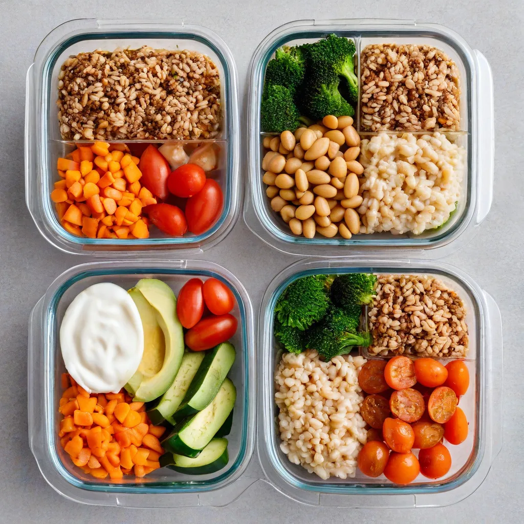Clean flat lay of labeled glass lunch containers filled with layered grain bowls (grain, protein, vegetables) and a small jar of sauce on the side. Neutral background, soft top light, no text, no logos, Stable Diffusion 3.5.