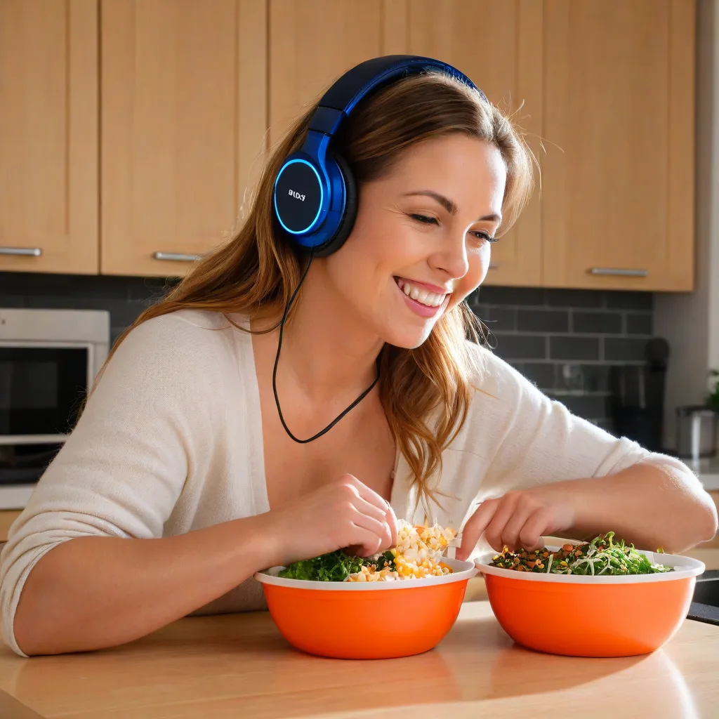 Candid editorial photo of a modern woman at home plating a weeknight bowl from prepped containers, smiling, wearing headphones, warm evening light, cozy apartment, no text, no logos, Stable Diffusion 3.5.