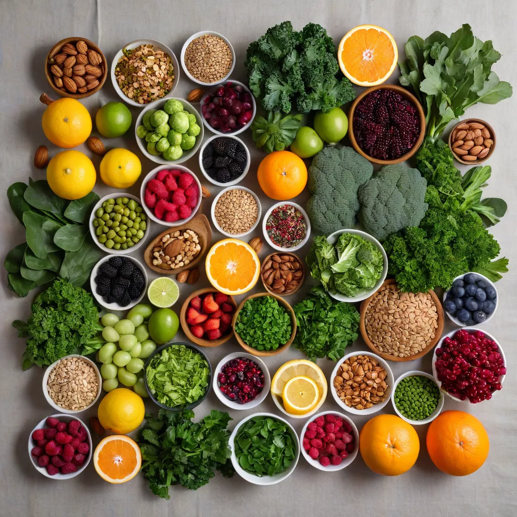 Top-down editorial photo of 30 different plant foods neatly grouped by color on a linen background: leafy greens, cruciferous vegetables, berries, citrus, legumes, whole grains, nuts, seeds, herbs and spices; soft daylight; clean minimalist styling; no text or labels; stable diffusion 3.5