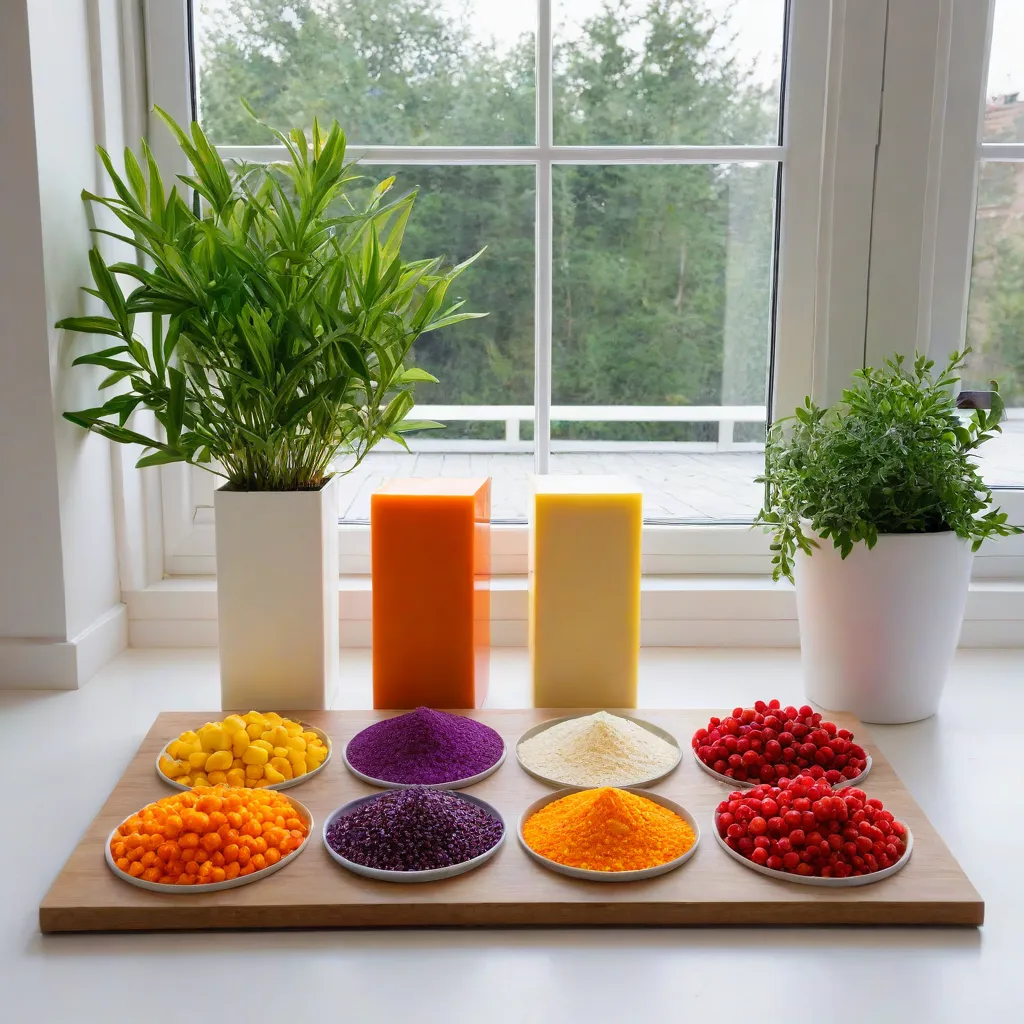 Editorial still life of color-coded plant foods arranged in five palettes (green, red, yellow/orange, white/cream, purple) on a large board; soft window light; minimalist Scandinavian styling; no text or labels; stable diffusion 3.5