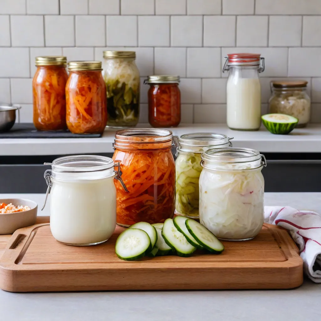 Cozy kitchen editorial photo with small glass jars of homemade fermented foods (yogurt, sauerkraut, kimchi, pickles) on a wooden board; neutral tones; soft daylight; no text or labels; lifestyle magazine aesthetic; stable diffusion 3.5