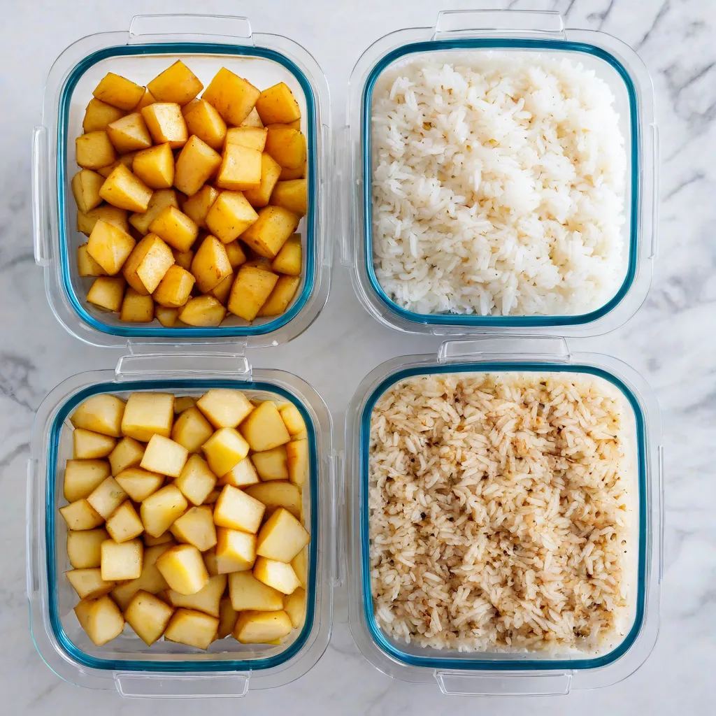 Top-down editorial image of cooked-and-cooled rice and potatoes portioned into clear glass containers for resistant starch meal prep; clean marble countertop; soft natural light; no text or labels; stable diffusion 3.5