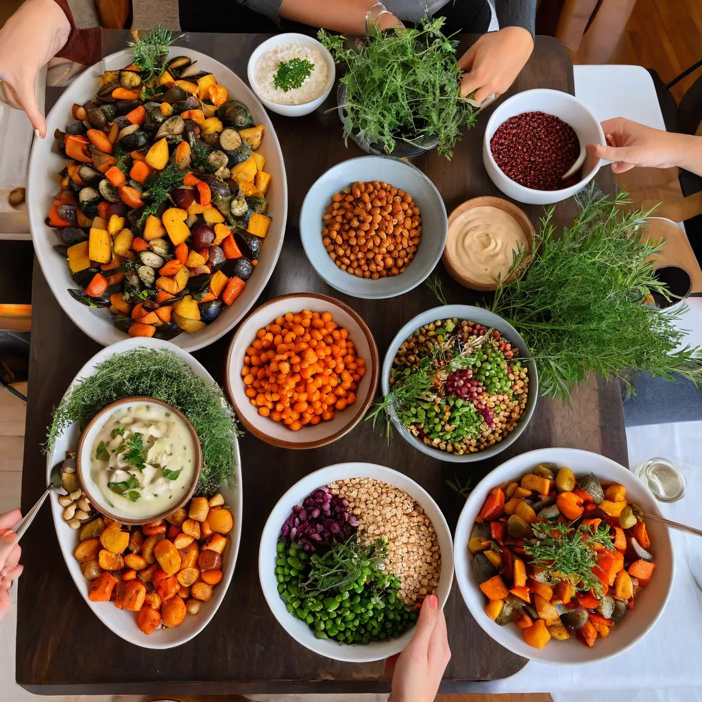 Warm editorial dinner scene with friends sharing a vibrant plant-diverse platter: roasted vegetables, legumes, grains, fresh herbs, small bowls of sauces; cozy evening light; modern tableware; no text or labels; lifestyle magazine feel; stable diffusion 3.5