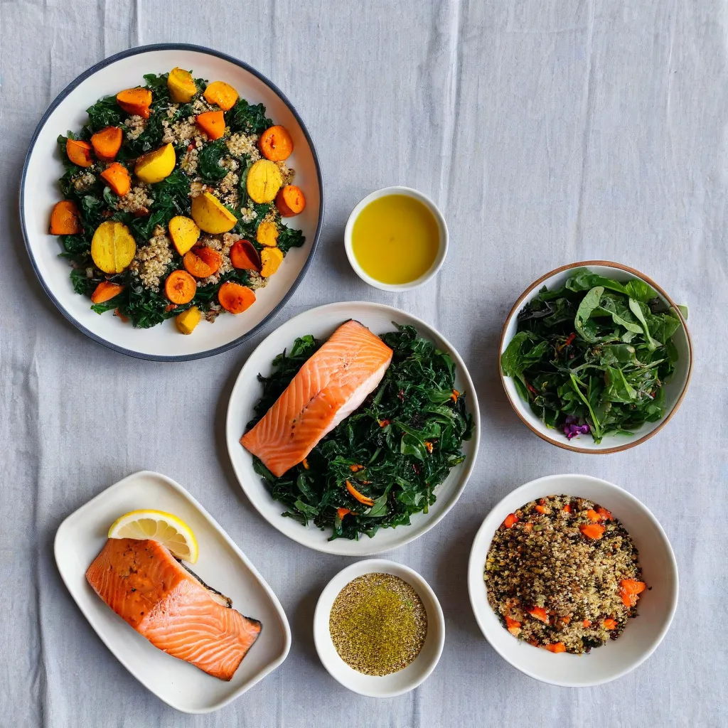 Flat lay editorial image of a balanced plate concept on a linen table: half of the plate filled with roasted colorful vegetables and leafy greens, one quarter grilled salmon, one quarter quinoa; small side bowls with lemon wedges and olive oil; natural daylight; neutral palette; no text; stable diffusion 3.5