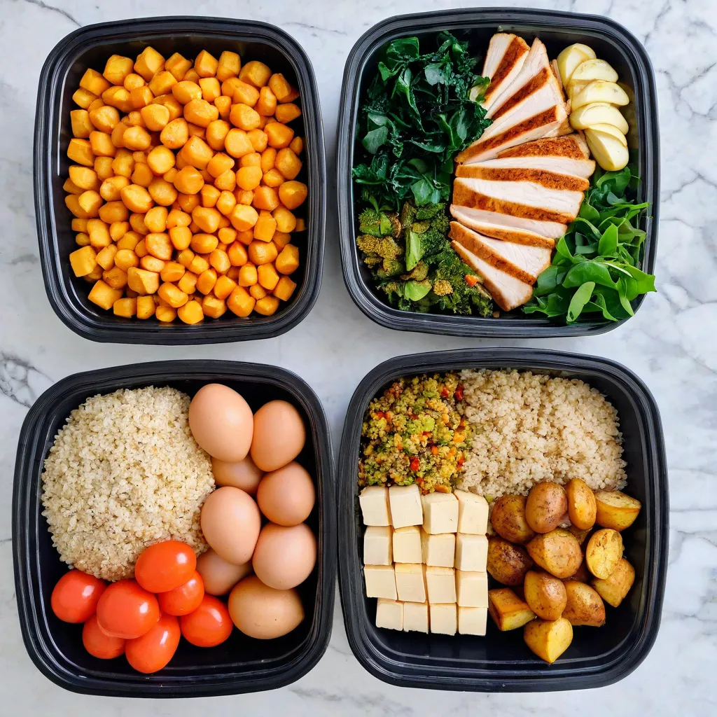 Editorial top-down photo of a grocery haul sorted by the 50/25/25 principle: two piles of colorful vegetables and leafy greens, a neat group of lean proteins (chicken, eggs, tofu), and smart carbs (brown rice, quinoa, potatoes); clean marble surface; natural daylight; no text or labels; stable diffusion 3.5
