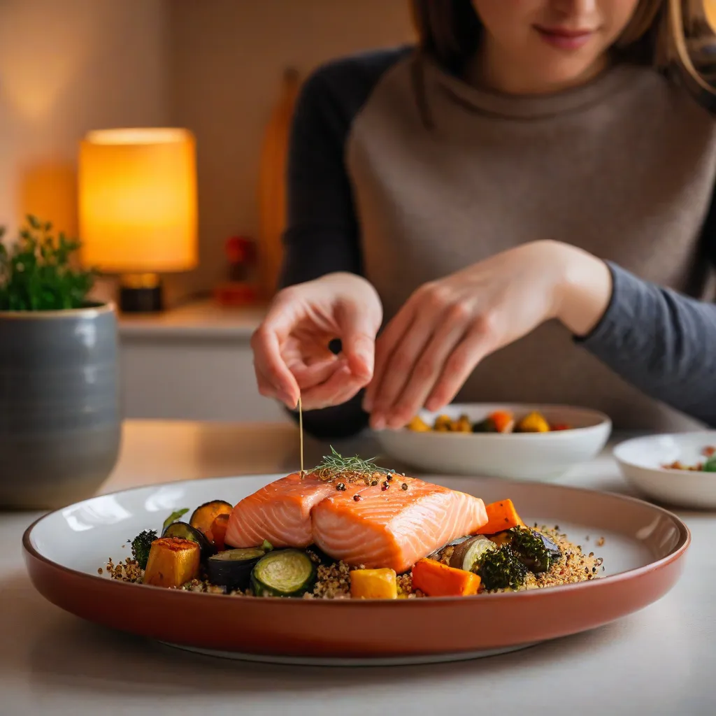 Cozy evening editorial photo of a woman plating a warm PП dinner: roasted vegetables, a piece of salmon, and quinoa on a ceramic plate; warm lamp light; soft bokeh; minimalist tableware; no text or labels; stable diffusion 3.5