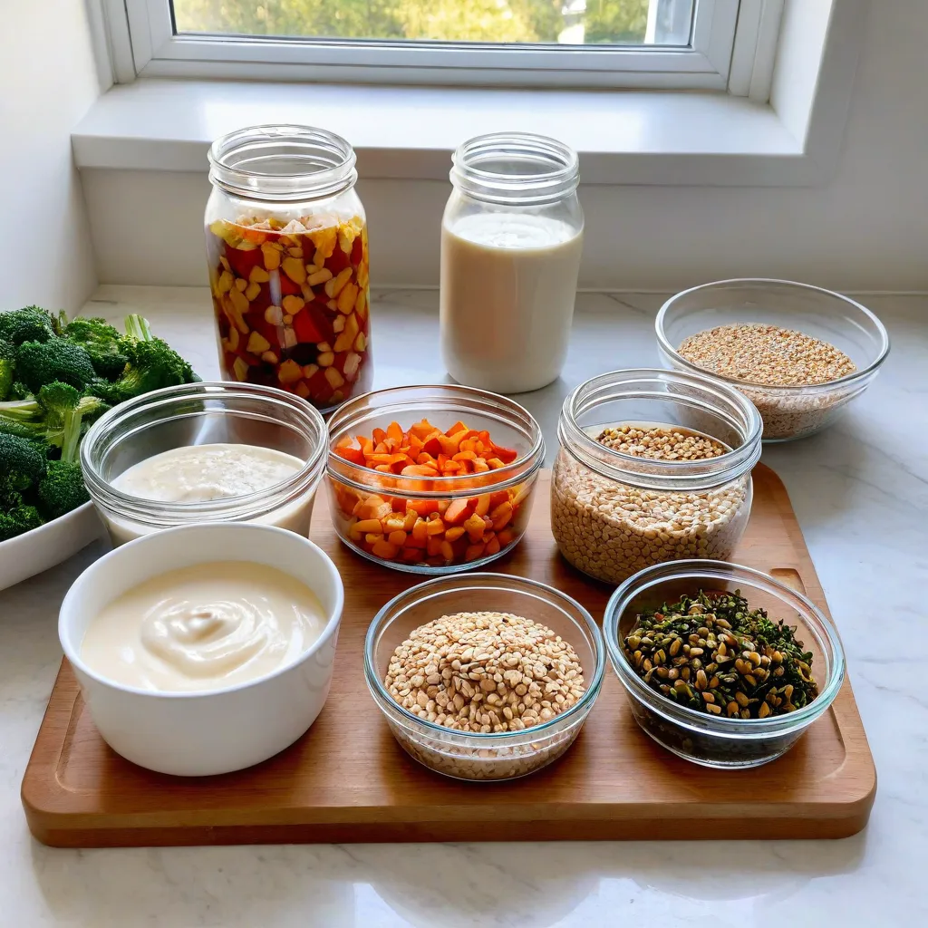 Bright editorial scene of a Sunday batch-cooking session for healthy eating: roasted vegetable trays, cooked grains in glass containers, lean proteins on a cutting board, small jars of yogurt and tahini sauces; airy Scandinavian kitchen; natural daylight; no text; stable diffusion 3.5