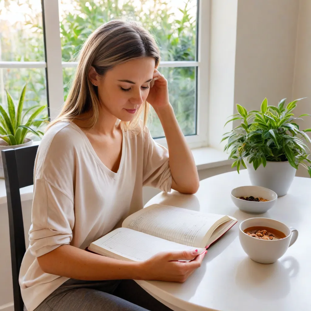 Calm lifestyle photo of a woman journaling at a small kitchen table with a balanced breakfast bowl nearby; soft morning light; neutral colors; plant in the background; no text; stable diffusion 3.5