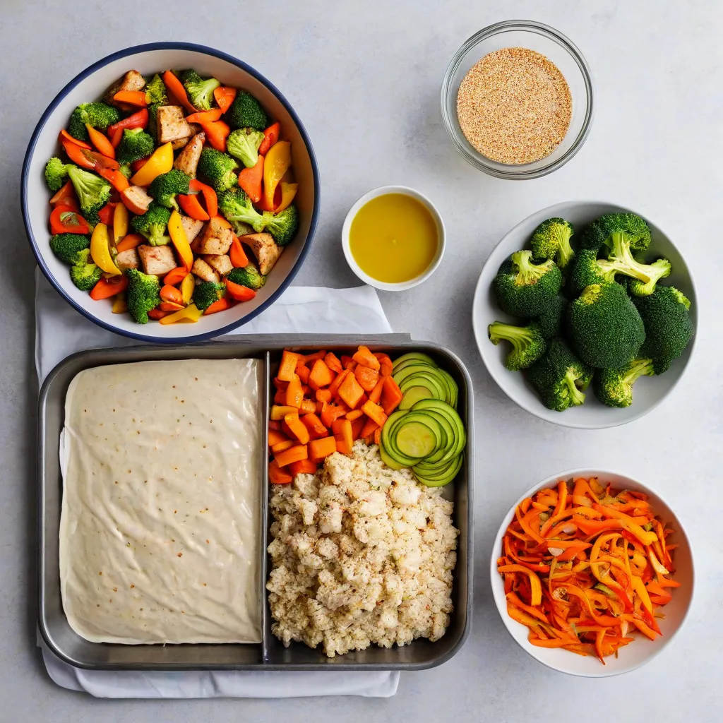 Top-down editorial photo of a sheet-pan mise en place: rimmed baking sheet with parchment in the center, small bowls with chopped broccoli, bell peppers, carrots, zucchini, red onion, lemon wedges; a bowl with marinated chicken and another with tofu; a small jar of spice blend and olive oil. Natural daylight, clean minimalist styling, no text, no logos, Stable Diffusion 3.5.