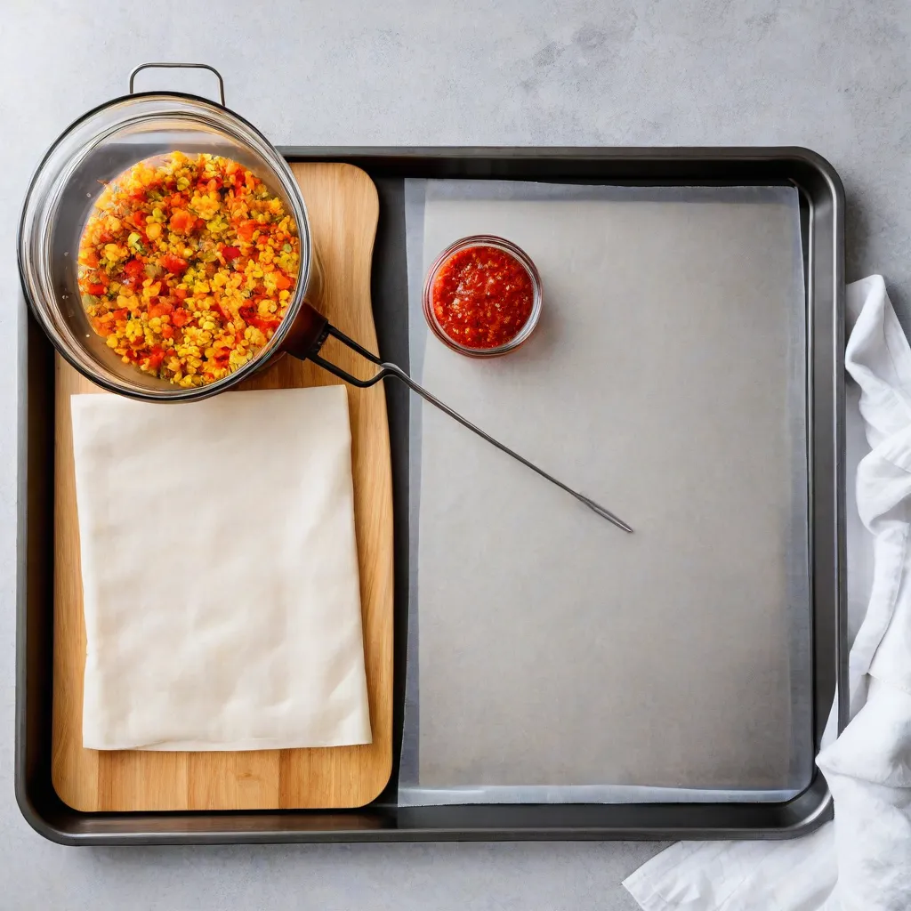 Clean flat lay of essential sheet-pan tools: rimmed baking sheet with parchment, chef’s knife, sturdy cutting board, small bowls for mise en place, two glass jars of marinade, silicone tongs, and a kitchen timer on a linen cloth. Soft top light, minimalist editorial style, no text, no logos, Stable Diffusion 3.5.