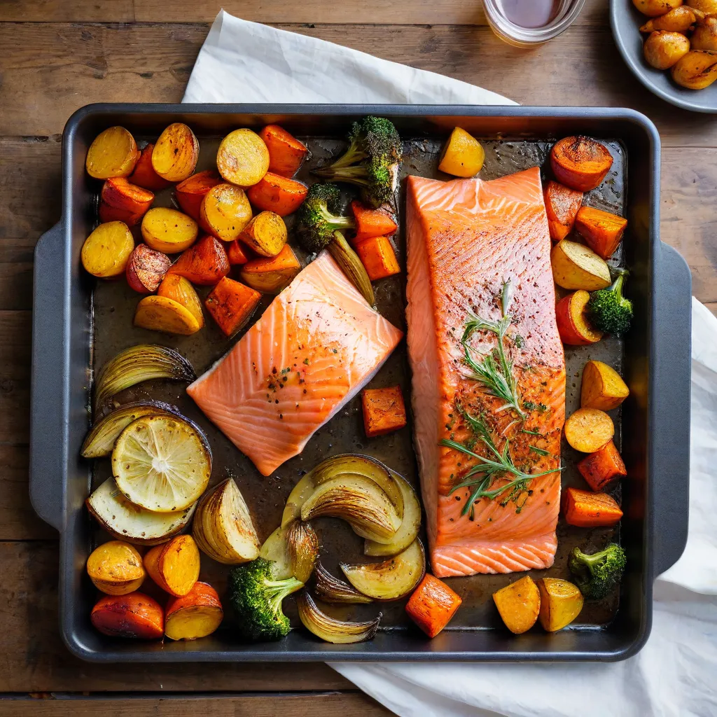 Cinematic editorial food photo: a just-baked colorful sheet-pan dinner with roasted vegetables and salmon on parchment, gentle steam visible. Overhead angle, soft directional window light, rustic tray feel, no text, no logos, Stable Diffusion 3.5.